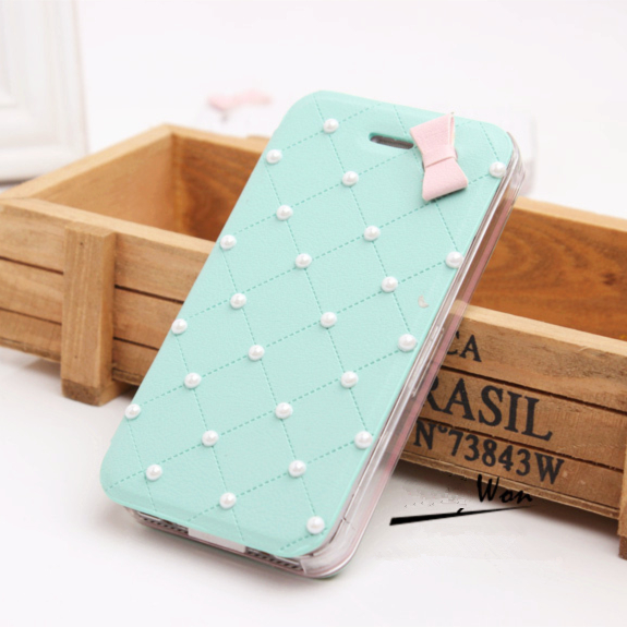 Iphone 5 Case, Pu Leather Pearl And Bowtie Wallet Type Magnet Design Flip Case Cover For Iphone In 5 Colors